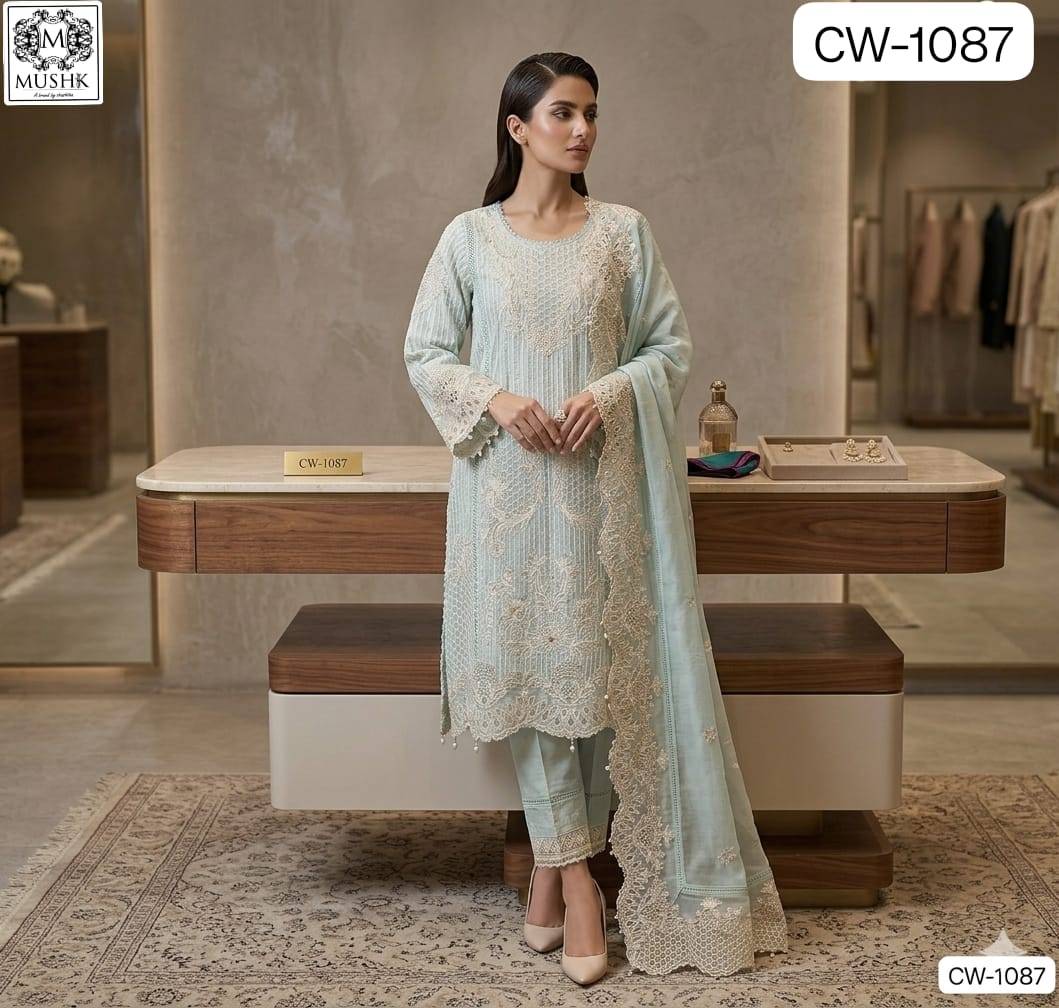MUSHK 1087 By SHRADDHA DESIGNER 1087A To 1087C Series Designer Suits Heavy linen Pakistani stitched Dresses At Wholesale Price